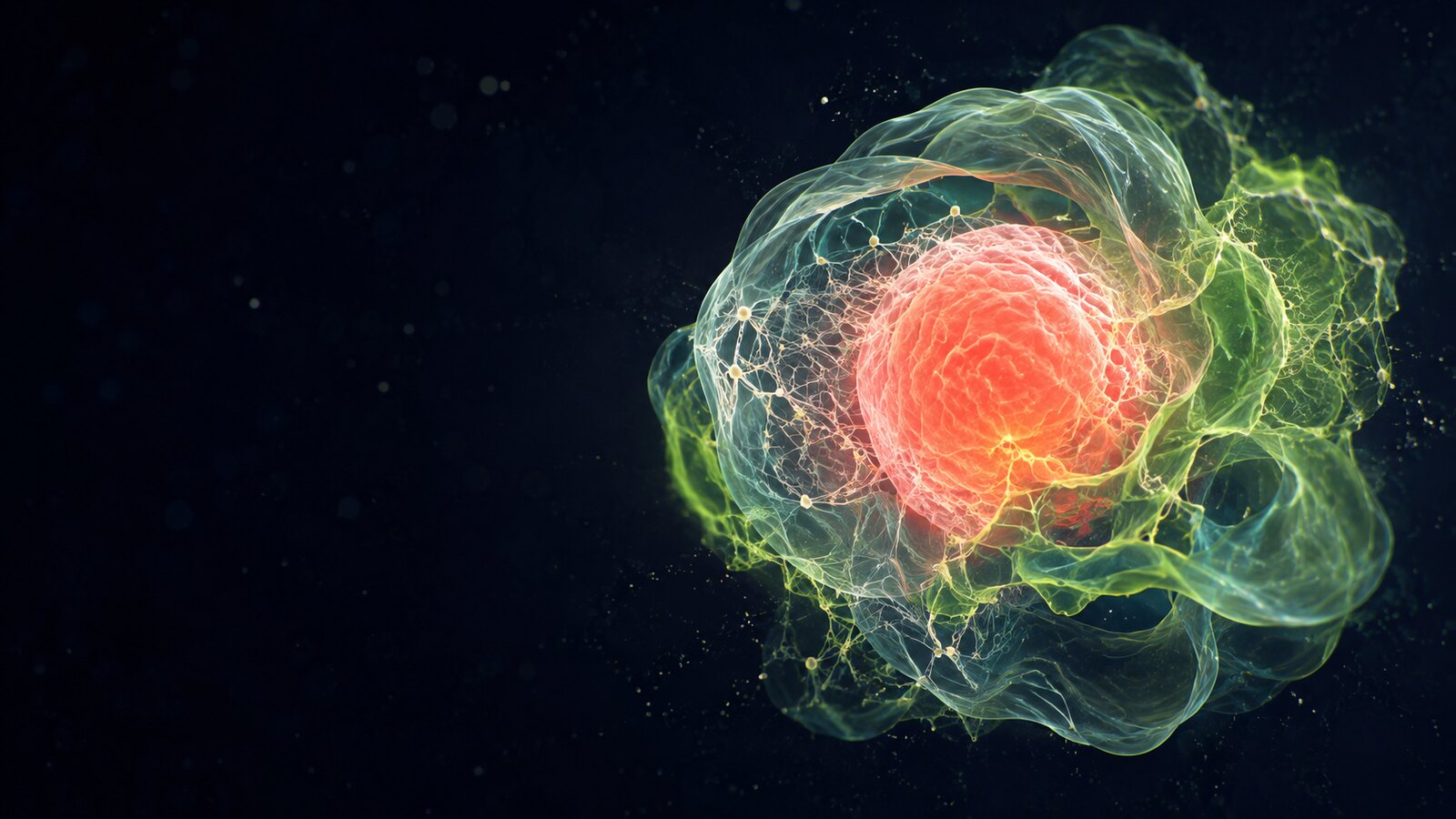 Abstract luminous cell with green membrane ribbons and coral core